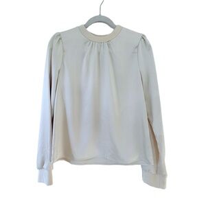 S'EDGE Womens XS Cream Satin Blouse Ribbed Cuffs Gathered Neck Long Sleeve